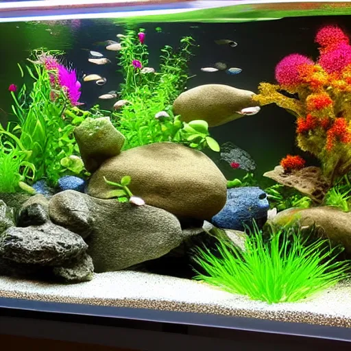 Prompt: a fish tank filled with plants and rocks, a computer rendering by jeff koons, pinterest, ecological art, diorama, made of flowers, vivid colors