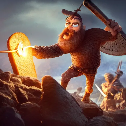 Image similar to viking battle toast, a slice of toasted bread with a face, arms and legs, holding a sword, cute, pixar, volumetric lighting, dynamic composition, fantasy, hyper detailed, ultra realistic, sharp focus, octane render, concept art by ruan jia and heng z and artem