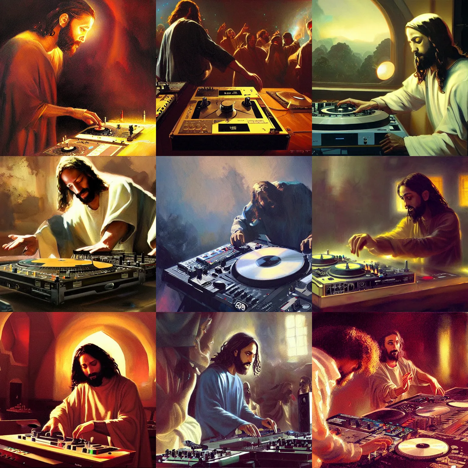 Prompt: a painting of jesus DJing with DJ turntables, craig mullins, greg rutkowski
