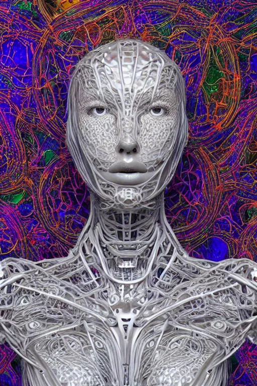 Prompt: a melancholic realistic 8k Sculpture of a complex robotic human face, liquid simulation, bright psychedelic colors, dramatic lighting, hexagonal mesh wire, filigree intricate details, cinematic, fleshy musculature, white blossoms, elegant, 50mm lens, DOF, octane render, art nouveau, 8k post-processing, intricate art by Raymond Swanland