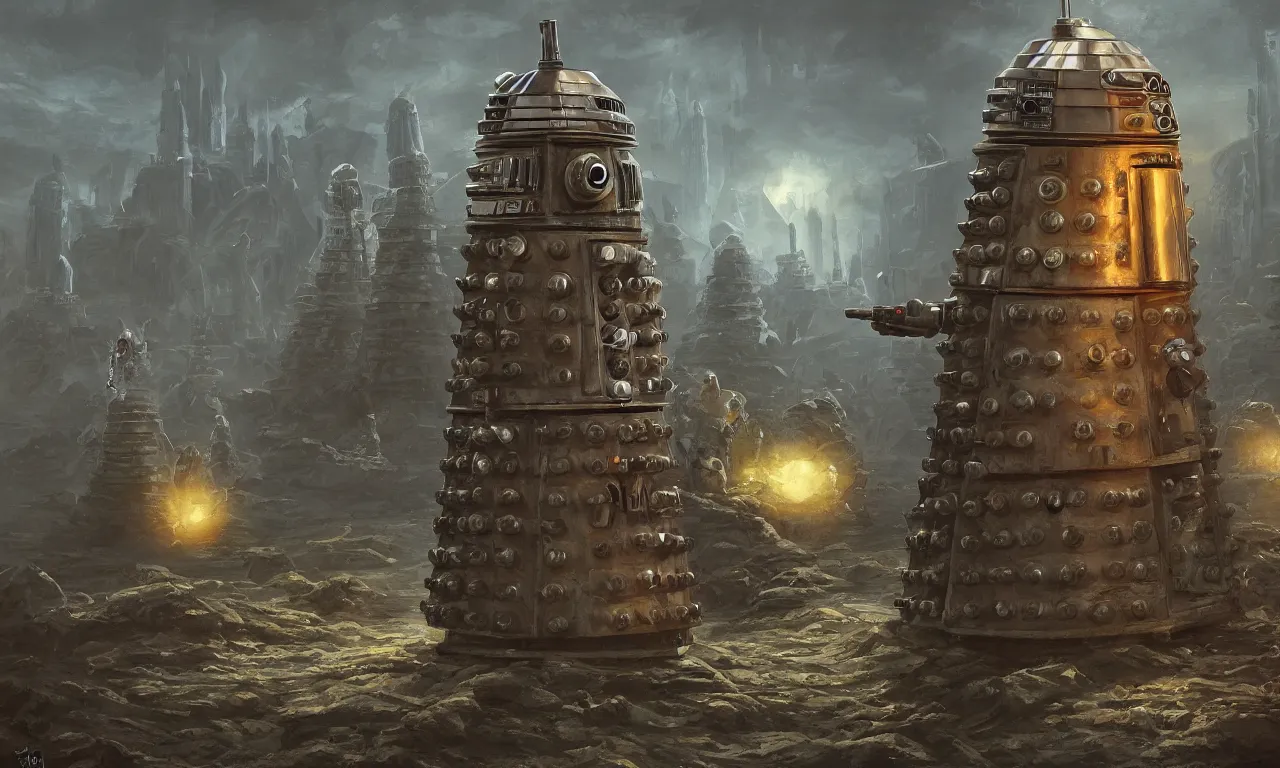 Prompt: dalek invasion, highly detailed, photorealistic, fantasy background, digital painting, artstation, concept art, smooth, sharp focus, illustration,