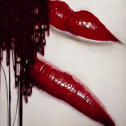 Image similar to lips sewn shut surrounded by red curtains by Conrad Roset and Nicola Samuri, close-up shot, rule of thirds, seductive look, beautiful, intricate, dystopian, sci-fi, extremely detailed, digital painting, artstation, concept art, smooth, sharp focus, illustration, intimidating lighting, incredible art, details visible, very dark ambiance