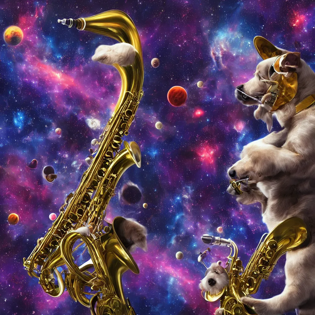 Prompt: dog playing saxophone jazz in space. High detail, 4k, planets, galaxy, nebula, trending on artstation, digital painting