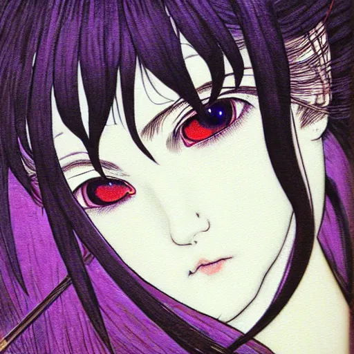 Image similar to prompt : portrait of muse soft light painted by takato yamamoto, purple rinnegan eyes, inspired by ninja anime, smooth face feature, intricate oil painting, high detail, sharp high detail, manga and anime