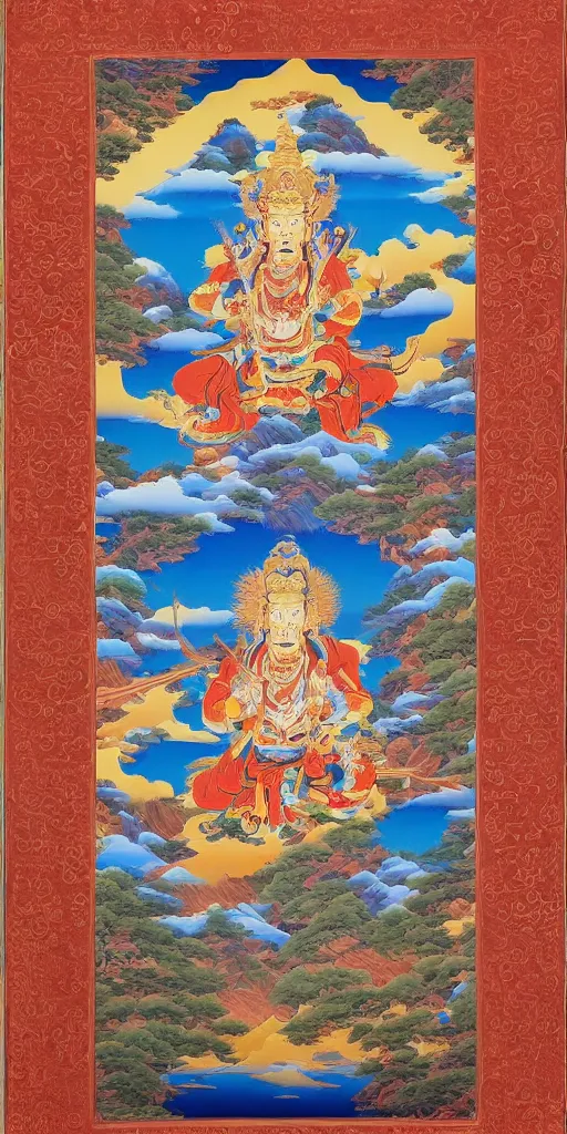 Prompt: a Beautifully exquisite WUKONG Thangka, with intricate details and bright colors. The background is a deep blue, with mountains and clouds. The thangka is framed in a gold border, from which rays of light are emanating, by WU DAOZI, zhang xuan, qiu ying, Chris Saunders,