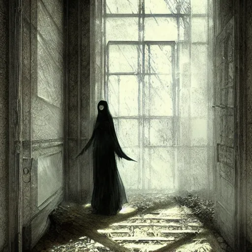 Prompt: shadowy spirit in abandoned hospital hallway, horror, creepy, intricate, elegant, highly detailed, digital painting, artstation, concept art, smooth, sharp focus, illustration, art by artgerm and greg rutkowski and alphonse mucha