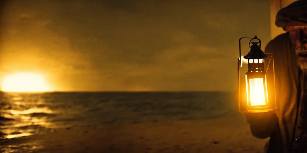 Image similar to film still of closeup old man holding up lantern by his beach hut at night. pirate ship in the ocean by emmanuel lubezki