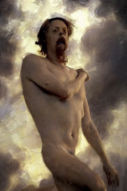 Image similar to beautiful detailed expressive impressionistic oil painting portrait of ancient roman god emperor steve buscemi levitating, ascending into the dark wearing the civic crown, renaissance painting, black background, art by anders zorn, wonderful masterpiece by greg rutkowski, expressive brush strokes, beautiful cinematic light, american romanticism by greg manchess, jessica rossier