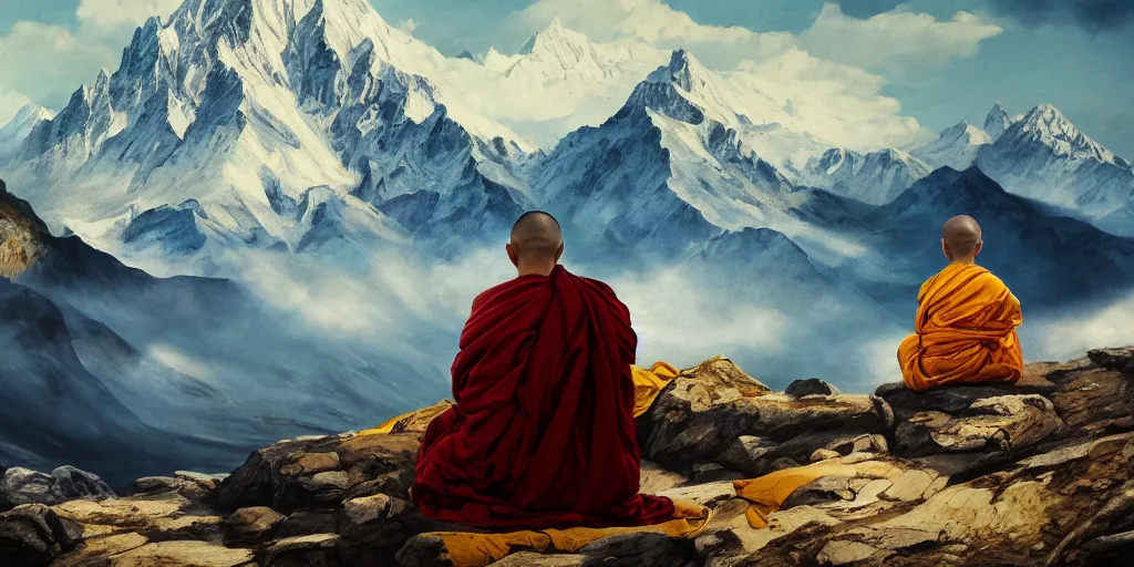 Prompt: oil matte portrait of tibetan monk sitting at a mountain peak praying, with tibetan prayer flags going up the summit, cinematic lighting, deep focus, sharp focus, golden ratio, dramatic illumination, hdr, ultra realistic, 8 k, highly detailed, trending on artstation, epic composition, by caravaggio, by artemisia lomi gentileschi