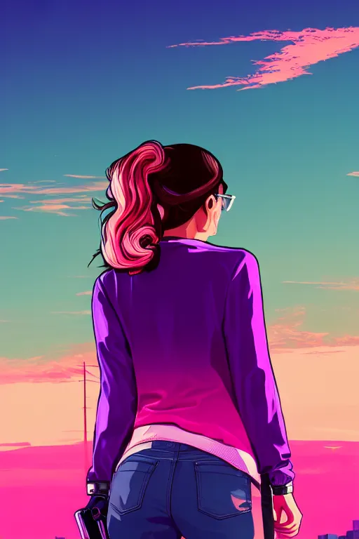 Image similar to a stunning GTA V loading screen with a beautiful woman with ombre hairstyle in purple and pink blowing in the wind, sunset, outrun, vaporware, retro, digital art, trending on artstation