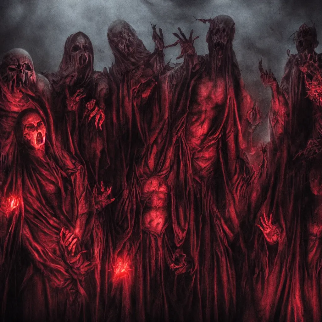 Image similar to closeup members of a blood cult summon a deity, dark and mysterious, atmospheric, ominous, eerie, cinematic, cinematic, 4k, ultra detail, ultra realistic