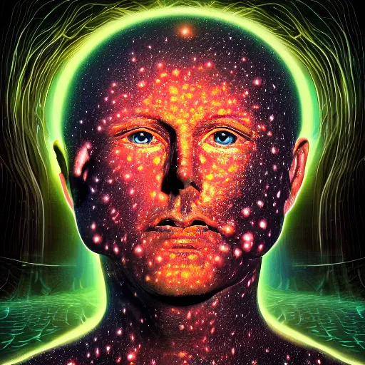 Prompt: lost in the mind of a quantum god head surrealism