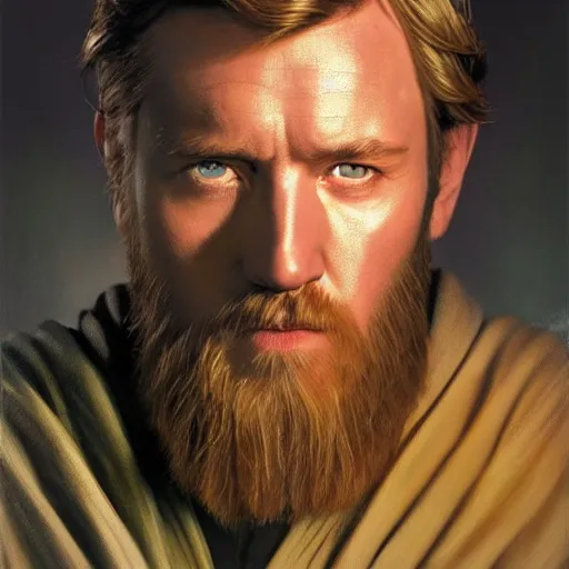 Image similar to an ultra - realistic portrait painting of obi - wan kenobi in the style of alex ross. 4 k. ultra - realistic. highly detailed. epic lighting.