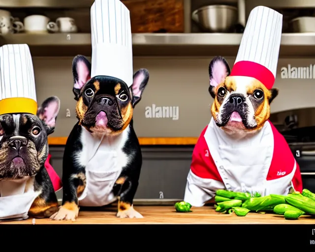 Image similar to a 8k highly detailed still photo by David Bailey of Two multi-colored French Bulldogs in chef hats and aprons starring on a cooking show, a high end kitchen in the background, bokeh