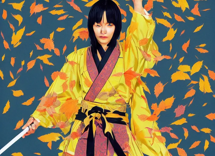 Image similar to breathtaking detailed pattern pastel colors, action scene from kill bill, with uma thurman ( kill bill ) in yellow kimono, swinging katana sword and autumn leaves, by hsiao - ron cheng, exquisite detail, enhanced eye detail