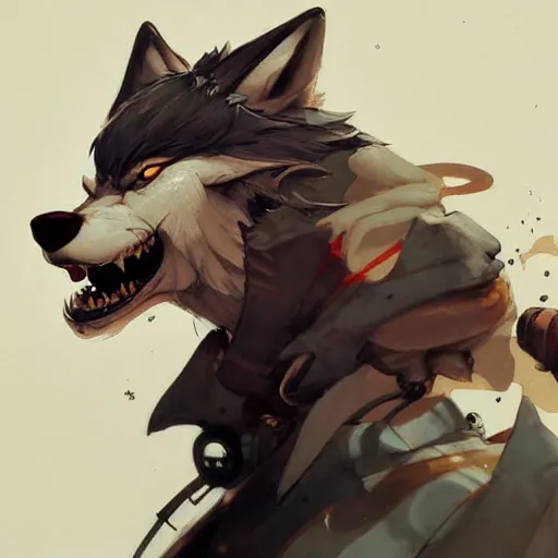 Image similar to concept art of anthropomorphized wolf, highly detailed painting by dustin nguyen, akihiko yoshida, greg tocchini, 4 k, trending on artstation, 8 k