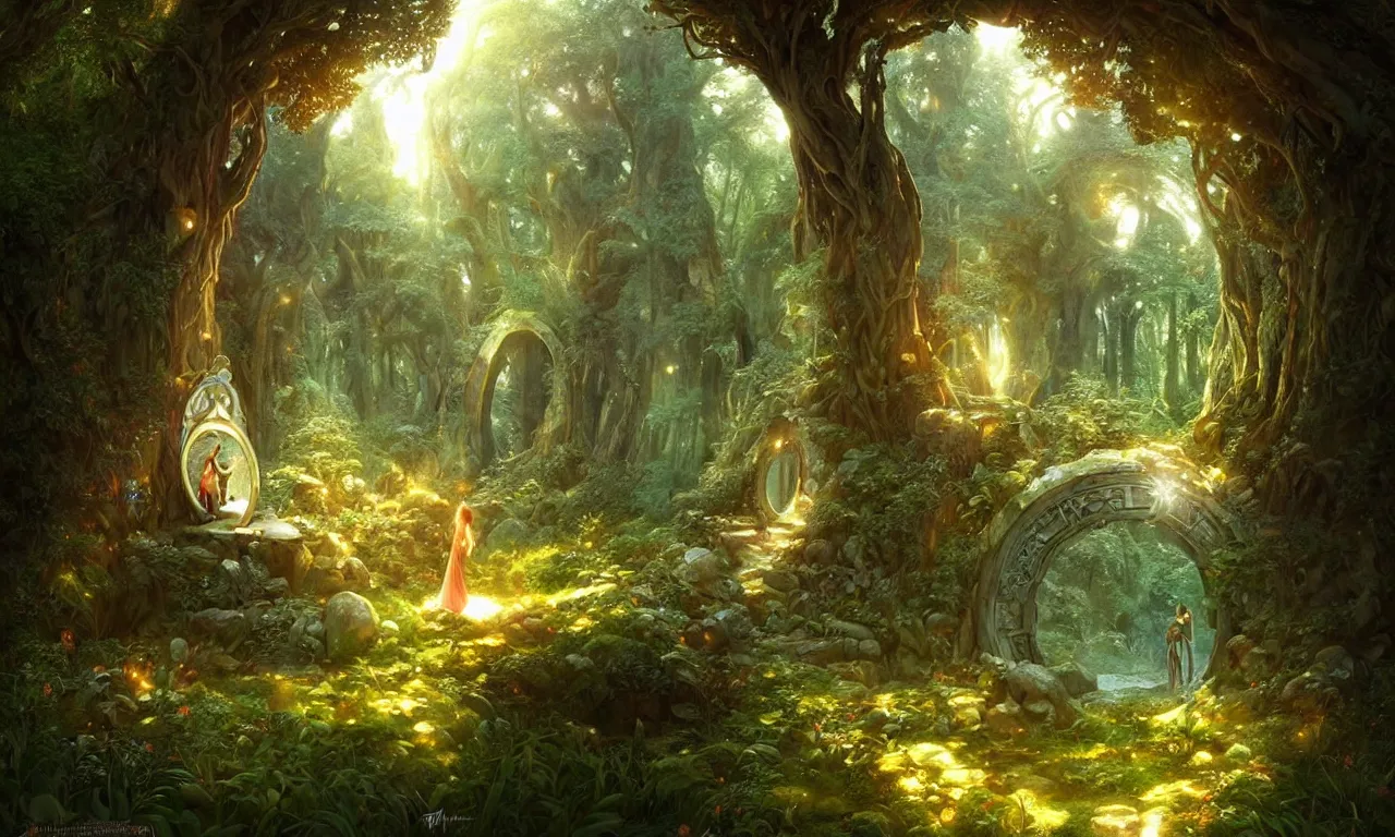 Image similar to Fantasy Magical fairy-tale portal in the forest. Round stone portal teleport in trees to other worlds. Fantastic landscape. Magic Altar in the fores, highly detailed, digital painting, artstation, concept art, smooth, sharp focus, illustration, art by artgerm and greg rutkowski and alphonse mucha