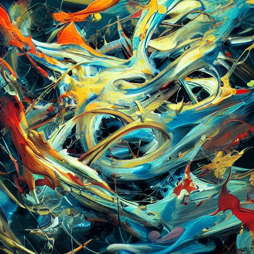 Image similar to jackson pollock painting, abstract chaos art, fantasy, hd, volumetric lighting, 4 k, intricate detail, by jesper ejsing, irakli nadar