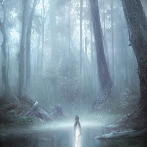 Prompt: a glowing will o the wisp in misty woods, beautiful ethereal fantasy painting by greg rutkowski