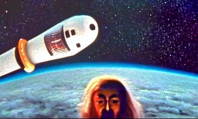 Image similar to full - color cinematic movie still from a 1 9 6 8 surreal film directed by salvador dali about astronauts traveling to the moon in a rocket - ship. bizarre ; dream - like.