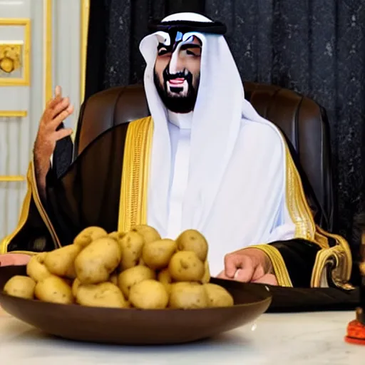 Prompt: mohammed bin salman playing a game live on twitch and eating a potato