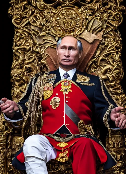 Image similar to A photo of vladimir putin the barbarian sitting on his throne, award winning photography, sigma 85mm Lens F/1.4, perfect faces