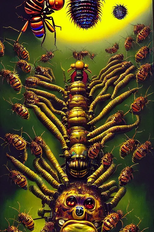 Image similar to a hyperrealistic painting of an epic boss fight against a mechanical hornets nest in a suburban neighborhood on a sunny day, cinematic horror by chris cunningham, lisa frank, richard corben, highly detailed, vivid color,