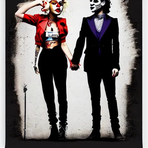 Image similar to mimmo rottela and banksy as joaquin phoenix skinny joker holding hand lady gaga harley queen, photorealistic, intricate details, pop art style, baroque, hyperdetailed, concept art, ultrarealistic, 3 colors