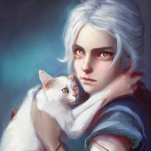 Image similar to Ciri holding a cat, beautiful lighting, expressive oil painting, trending on artstation, digital art, by Yoshitaka Amano