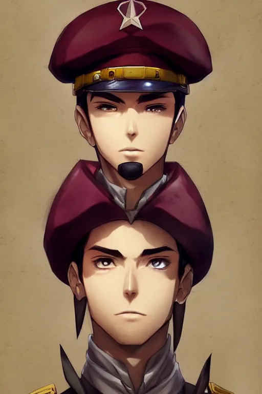 Image similar to beautiful portrait commission military clothes maroon beret. Atmospheric. Character design by charlie bowater, ross tran, artgerm, and makoto shinkai, detailed, inked, western comic book art. male anthro!!! fruit bat