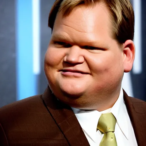 Image similar to Andy Richter is wearing a chocolate brown suit and necktie and is in a bedroom with a window letting in bright morning sunlight. Andy is sitting upright in a bed and is stretching his arm. His mouth his wide open as he yawns.