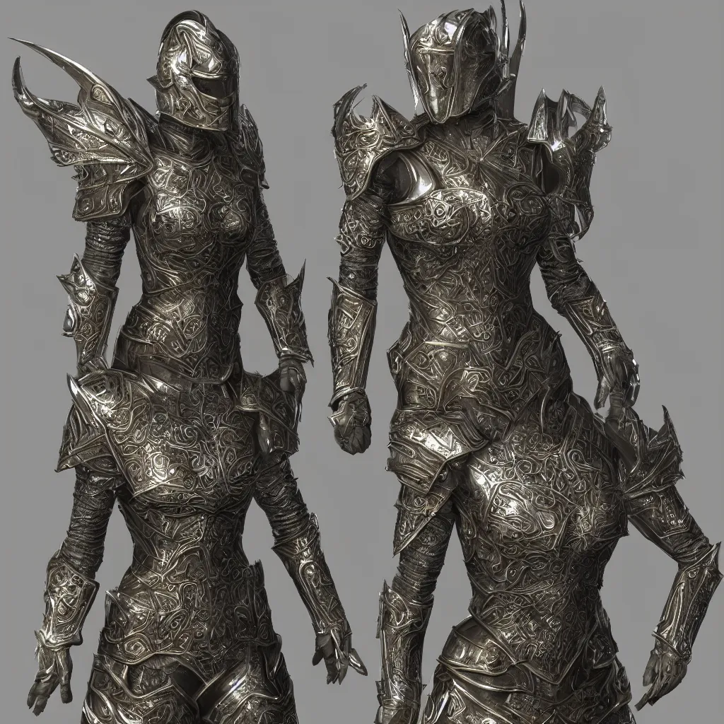 Image similar to 3 d rendered full suit of decorative female armor, filigree, lord of the rings, elder scrolls, detailed, art station, unreal engine