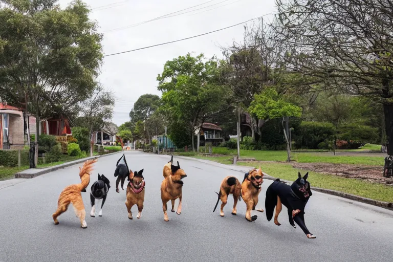 Prompt: a residential street in a suburb with dogs running directly towards the camera, wide shot