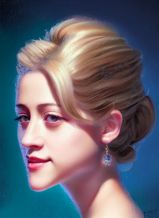 Image similar to portrait of lili reinhart with fluffy bangs, smiling kindly, bangs, 1 9 6 0 s, ponytail, curly bangs and ponytail, intricate, elegant, glowing lights, highly detailed, digital painting, artstation, concept art, smooth, sharp focus, illustration, art by wlop, mars ravelo and greg rutkowski