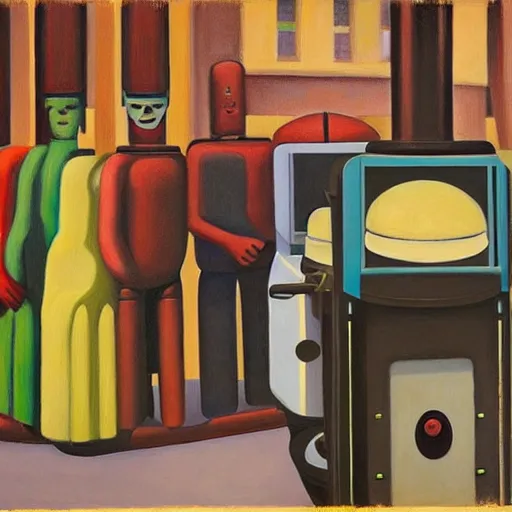 Image similar to robots queue up for ice cream, ( ( ( grant wood ) ) ), pj crook, ( ( ( edward hopper ) ) ), oil on canvas