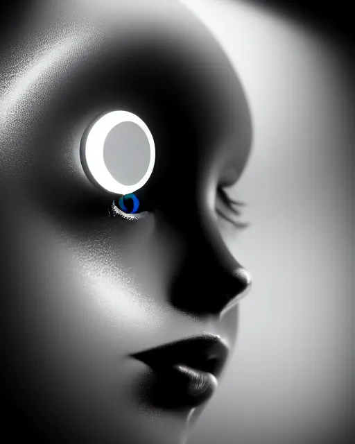 Prompt: black and white high quality photo of a female AI-cyborg-doll looking into a sci-fi mirror, volumetric lighting, hyperdetailed, photorealistic, masterpiece, elegant, dark, in the style of Man Ray,