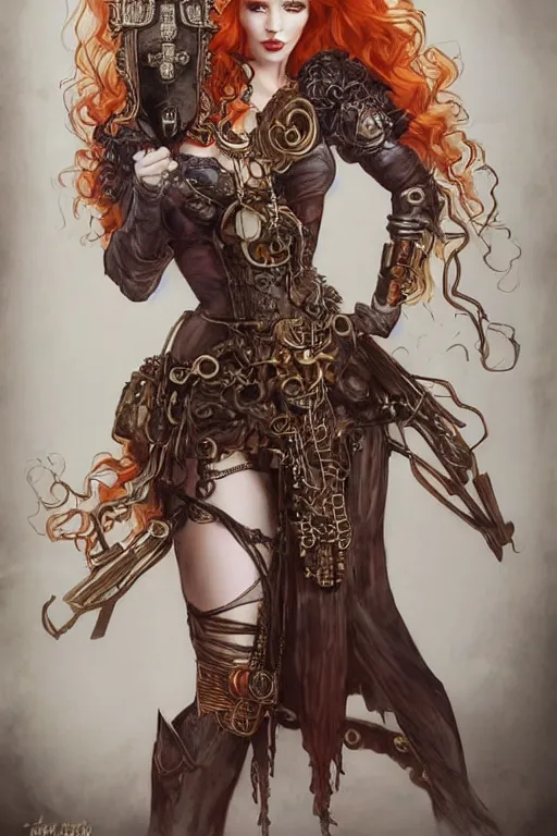 Prompt: portrait from back of Christina Hendricks as a sensual Lady Mechanika, very beautiful young woman, ginger wavy hair, Intricate, steampunk imagery themed, D&D!, fantasy style, sharp focus!, ultra detailed, art by Artgerm and Peter Andrew Jones, WLUP