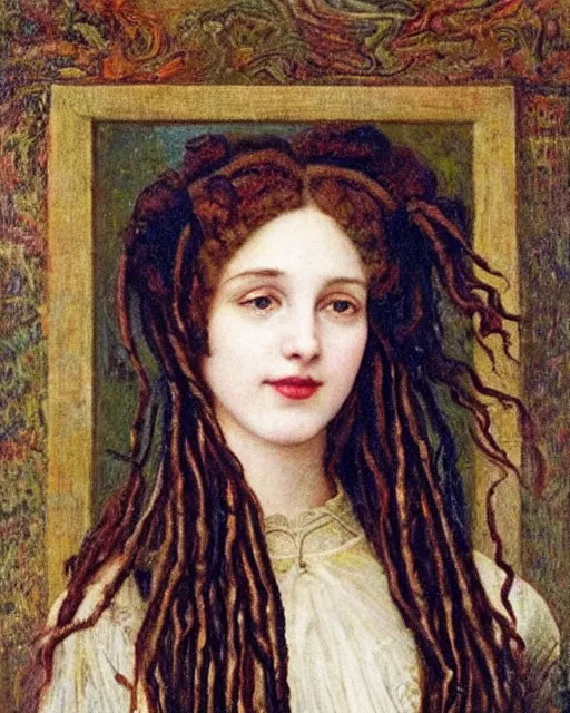 Prompt: Pre-Raphaelite Beautiful girl with dreadlocks smiling