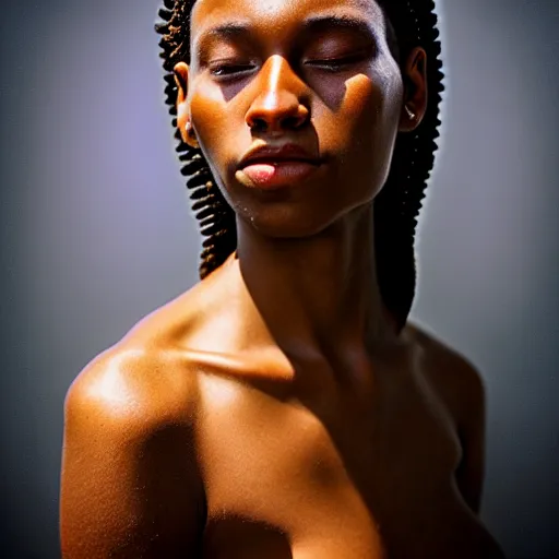 Prompt: beautiful woman with soft skin, cornrows, 8K artistic photography, photorealistic, chiaroscuro, by Steve Mccurry, Joey L, Raphael, Caravaggio