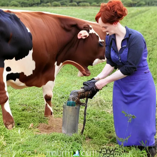 Image similar to christina hendricks milking cow in farm,