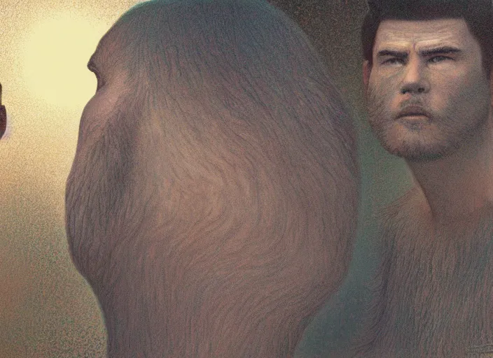 Image similar to portrait of man and sasquatch outside office building, cynical realism, painterly, yoshitaka amano, miles johnston, moebius, beautiful lighting, miles johnston, klimt, tendrils, in the style of, louise zhang, victor charreton, james jean, two figures, terrence malick screenshots, ghibli screenshot