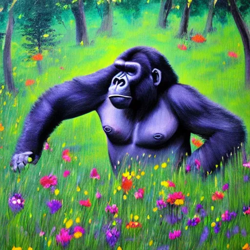 Prompt: Harambe happily frolicking in a meadow with colorful flowers in the afterlife, painting,