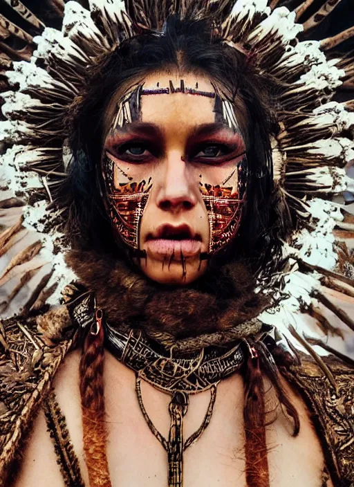 Image similar to hyper realistic photography portrait of coachella burningman pagan medieval tribal festival warrior curvy partygirl face cinematic, greg rutkowski