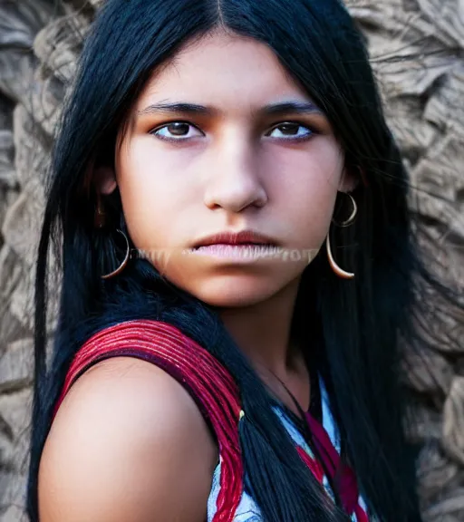 Image similar to professional, incredibly detailed headshot of a native american cherokee teenage girl with dark hair, beautiful eyes, a rebellious look, choppy hair with sideswept bangs, symmetrical features, realistic 8 k professional photography, midday lighting, defiant, octane, volumetric lighting, 7 0 mm, beautiful