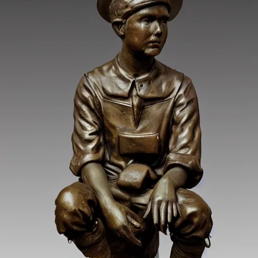 Image similar to high resolution photograph of a bronze cast sculpture of a sad peasant boy in the style of carl spitzweg