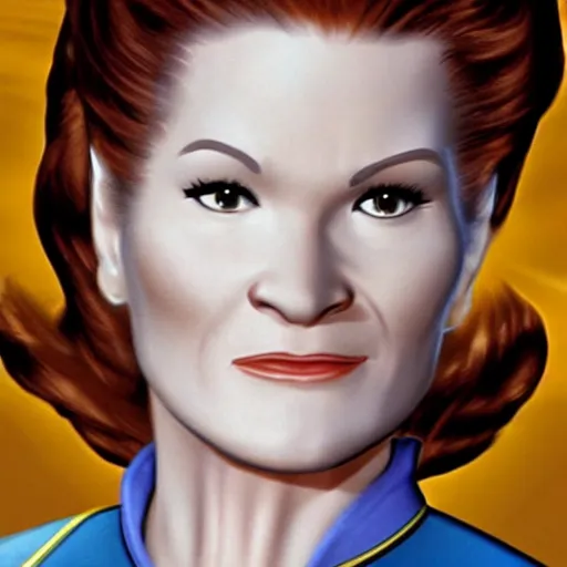 Image similar to captain janeway from star trek voyager in a still from a disney movie. beautiful cartoon character art, high quality, detailed face