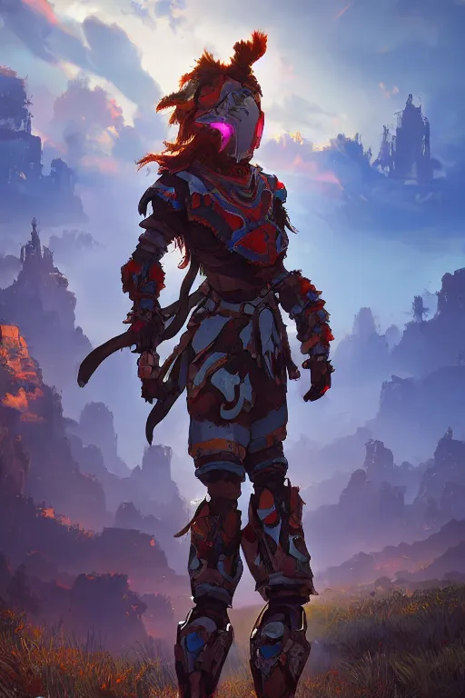 Image similar to combination suit armor aloy horizon forbidden west horizon zero dawn radiating a glowing aura global illumination ray tracing hdr fanart arstation by ian pesty and alena aenami artworks in 4 k tribal robot ninja mask helmet backpack