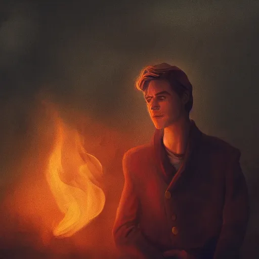 Prompt: sad prince charming, cinematic, smoke and fire, moody light, painterly style.