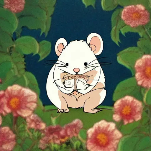 Prompt: white rat holding a flower cinematic composition, studio ghibli, cute