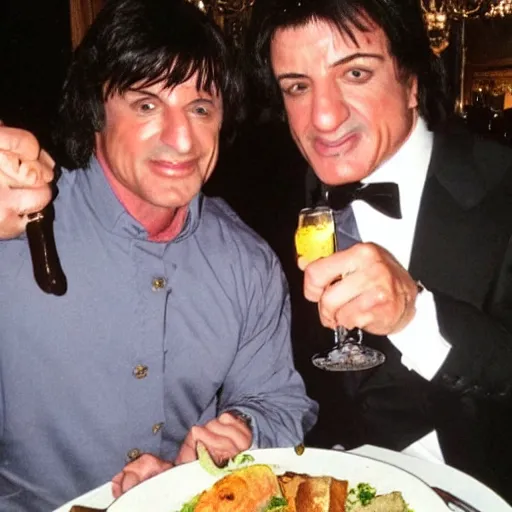 Image similar to lord farquad having a lovely dinner with sylvester stallone